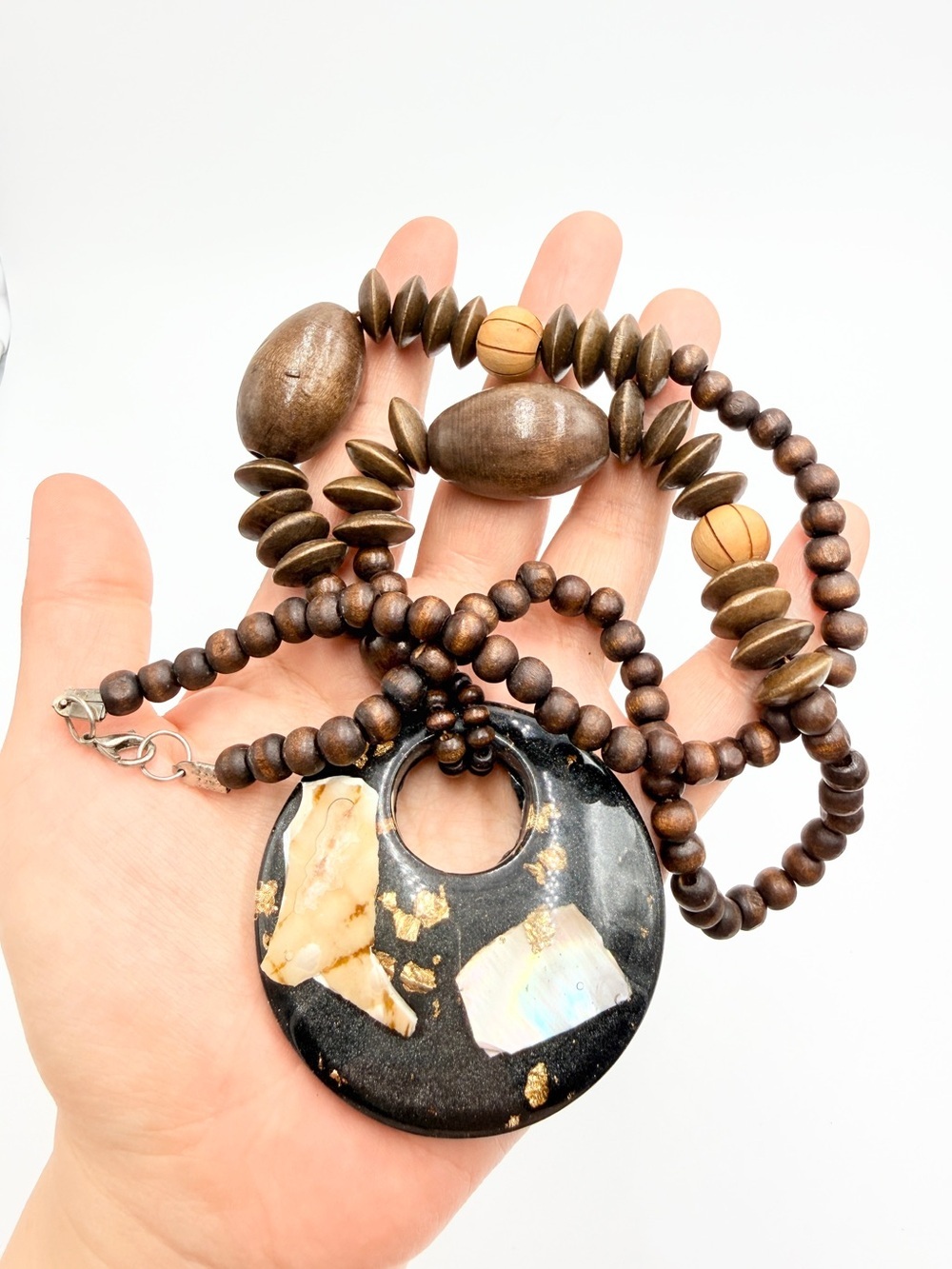 Boho Wooden Beaded Statement Necklace with Black Resin Shell Pendant